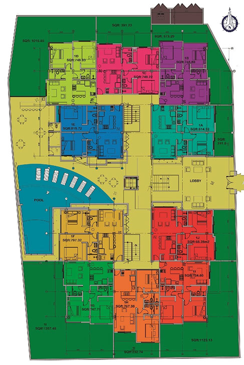 Aracari Residences II — Floor Plan — Ground Floor · Units 1-A to 1-J · pool & lobby level