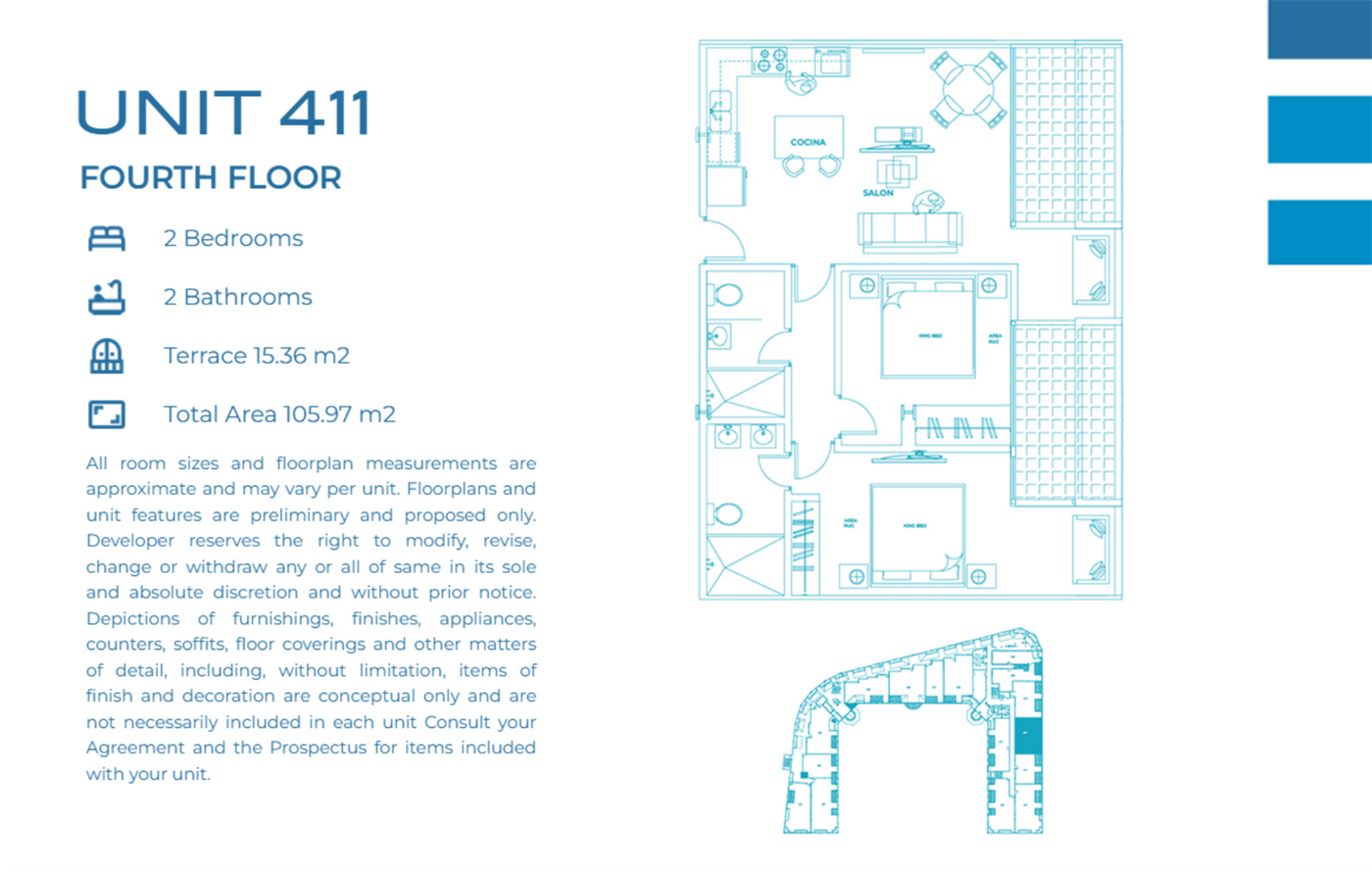 Casa Playa Residences — Unit 411 · 2BR/2BA · 105.97 m² · 4th Floor