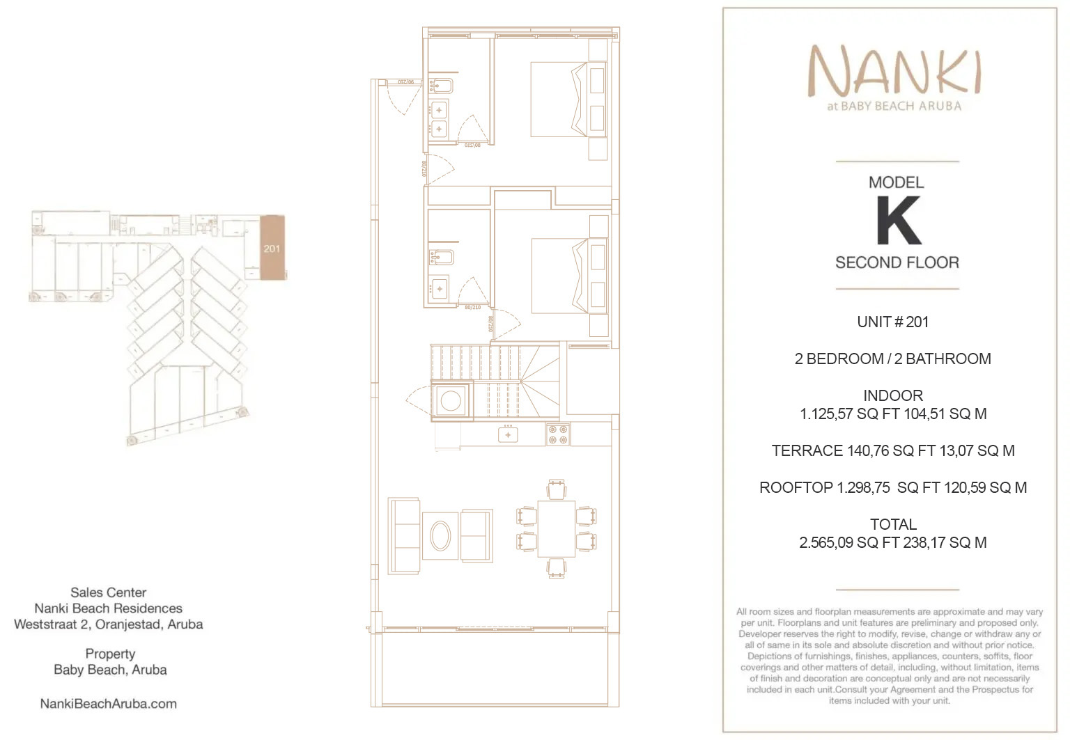 Nanki Condos — Floor Plan — Second · Unit 201 (Model K · 2BR · 104.51 m² + rooftop)