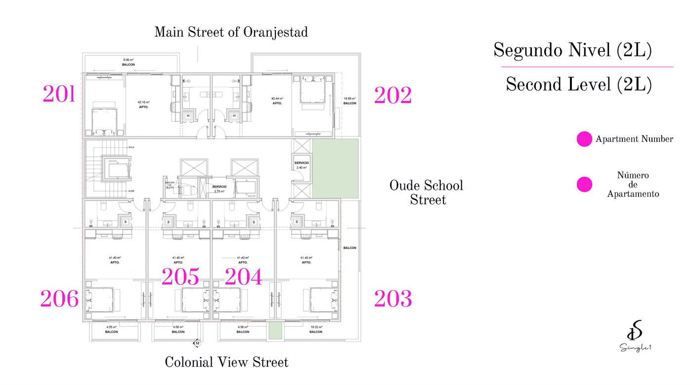 Single 1 Residences — Level — Second (2L) · Units 201–206
