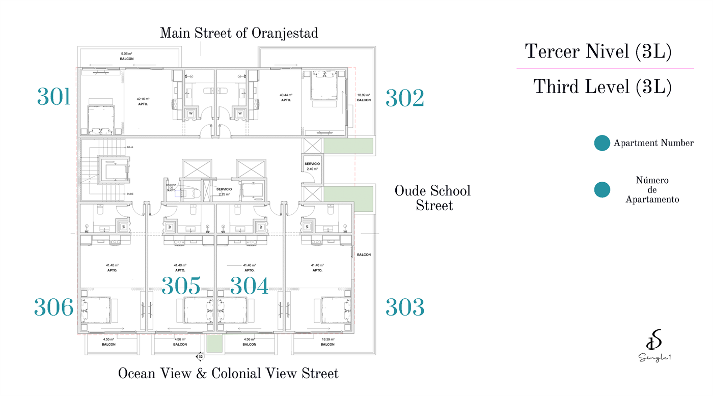 Single 1 Residences — Level — Third (3L) · Units 301–306 · Ocean View