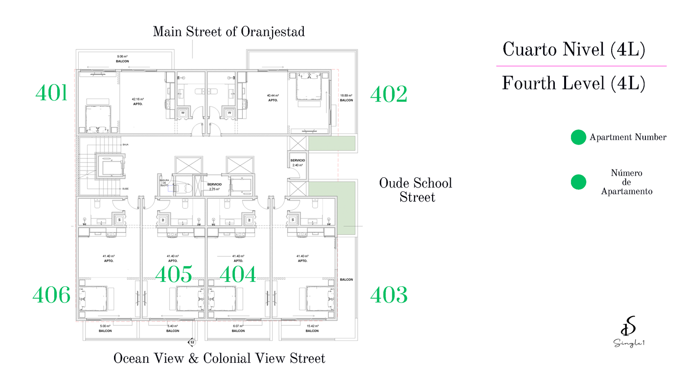 Single 1 Residences — Level — Fourth (4L) · Units 401–406 · Ocean View