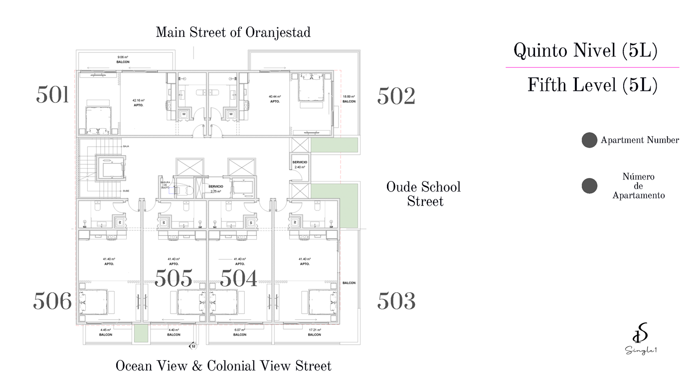 Single 1 Residences — Level — Fifth (5L) · Units 501–506 · Ocean View