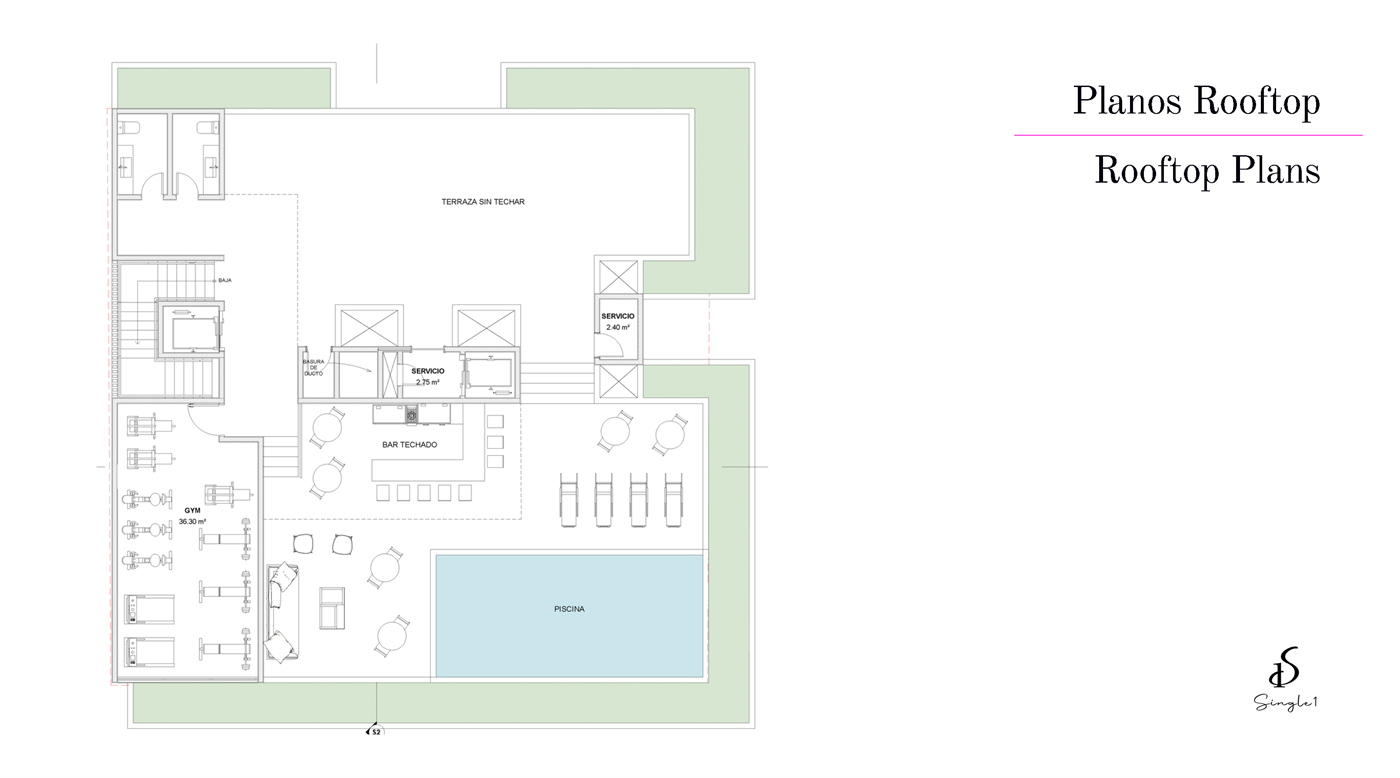 Single 1 Residences — Level — Rooftop · Pool · Bar · Gym · Sun Terrace