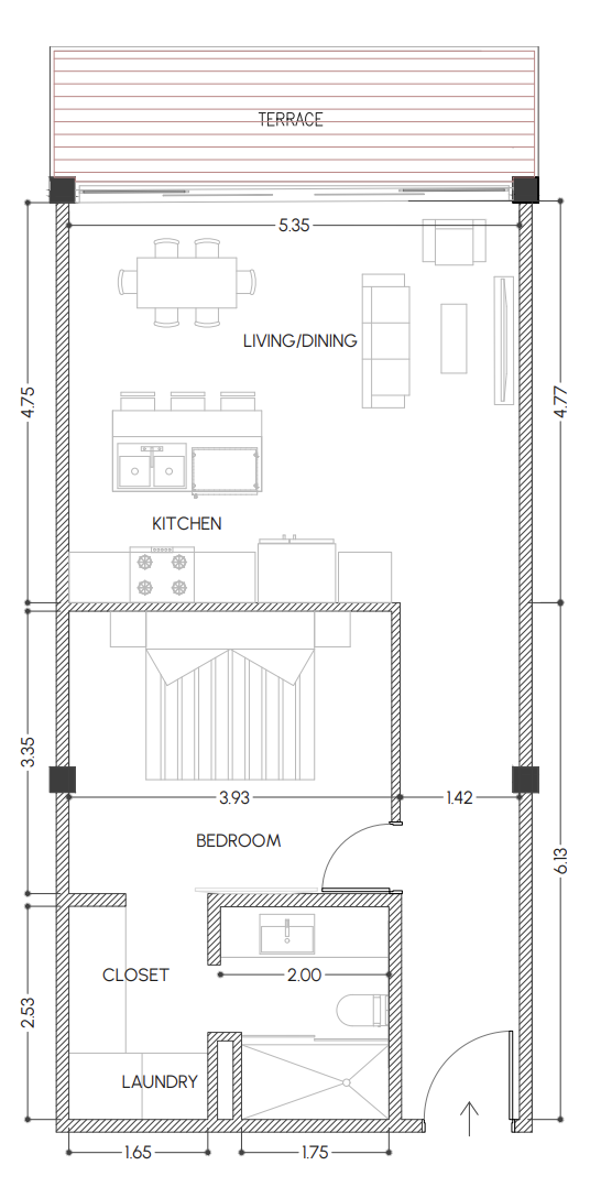 The Stork Club — Type C3 · 1BR/1BA · 58 m² + 9 m² · Floors 1–3