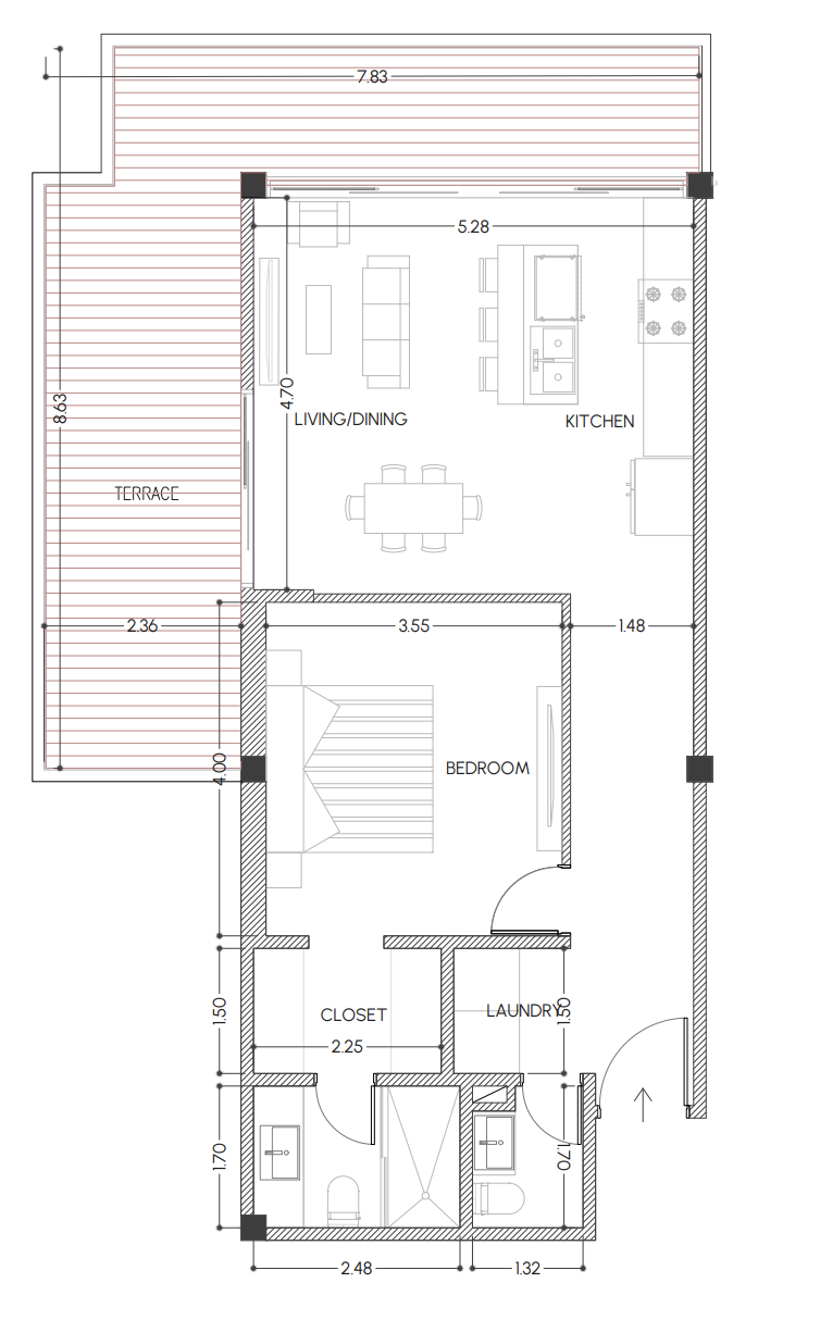 The Stork Club — Type C4 · 1BR/1BA corner · 63 m² + 28 m² terrace