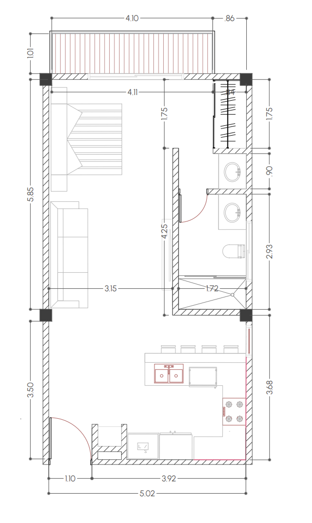 The Stork Club — Type D1 · 1BR/1BA · 49 m² + 4 m² · Floors 1–2