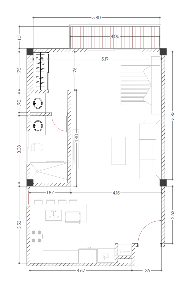 The Stork Club — Type D2 · 1BR/1BA · 49 m² + 4 m² · Floor 1