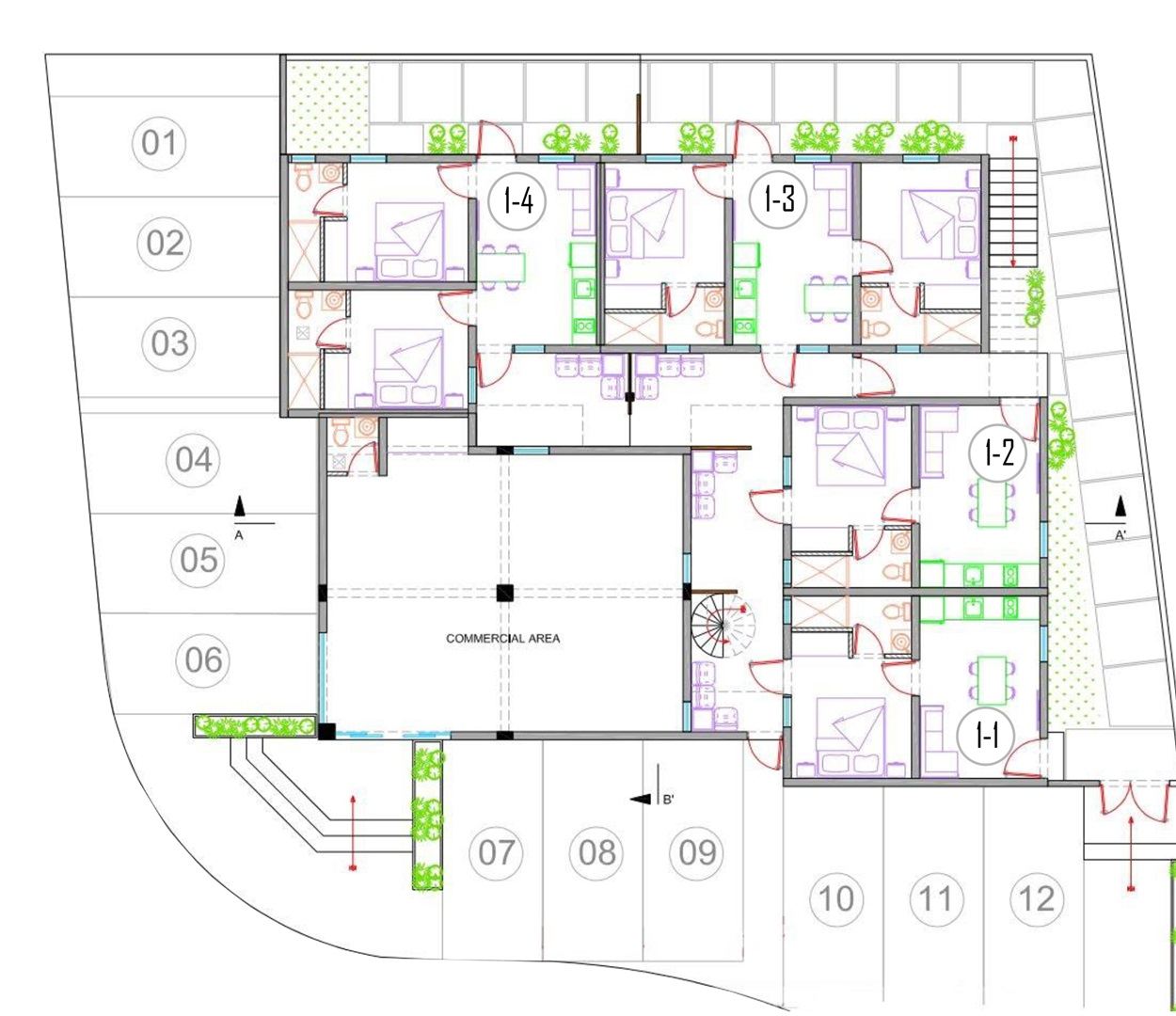 Saint Germain Residences — Floor Plan — Ground Floor · Units 1-1 to 1-4 · commercial area & parking