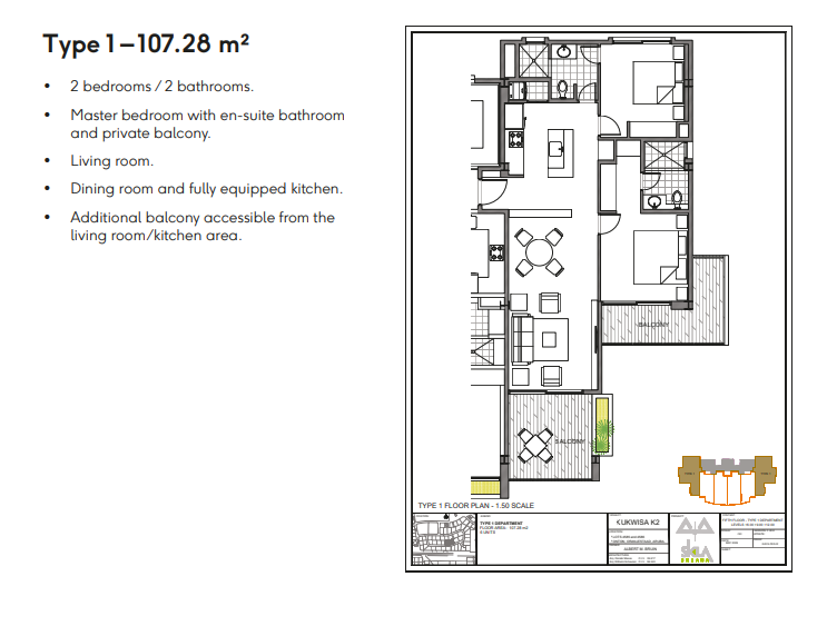 YOO Aruba Branded Residences — Floor Plan — Type 1 · 2BR/2BA · 107.28 m² · 6 units