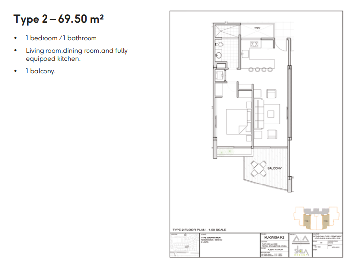 YOO Aruba Branded Residences — Floor Plan — Type 2 · 1BR/1BA · 69.50 m² · 8 units