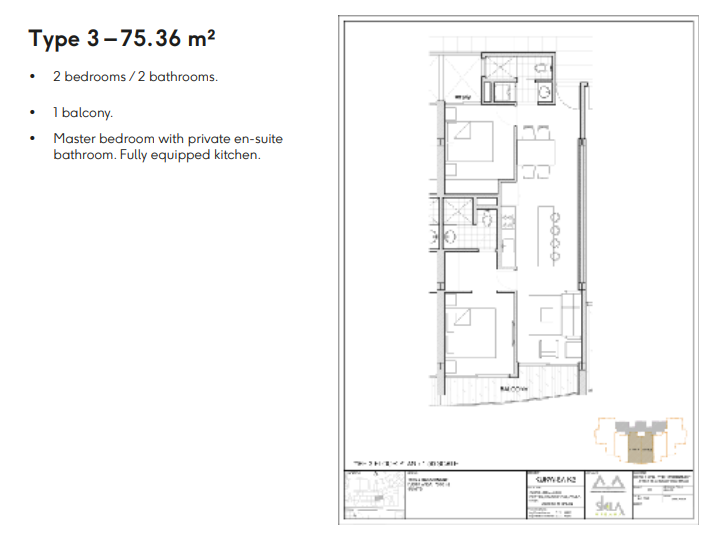 YOO Aruba Branded Residences — Floor Plan — Type 3 · 2BR/2BA · 75.36 m² · 8 units
